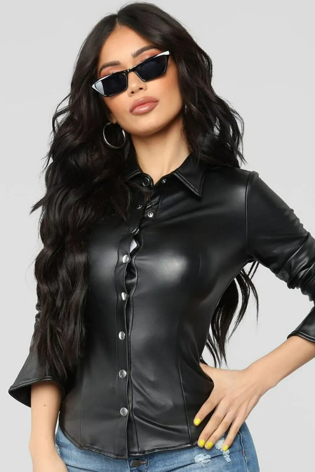 TOP New Women'S Black Leather Shirt 100% Real Lambskin Causal Slim Fit Shirt