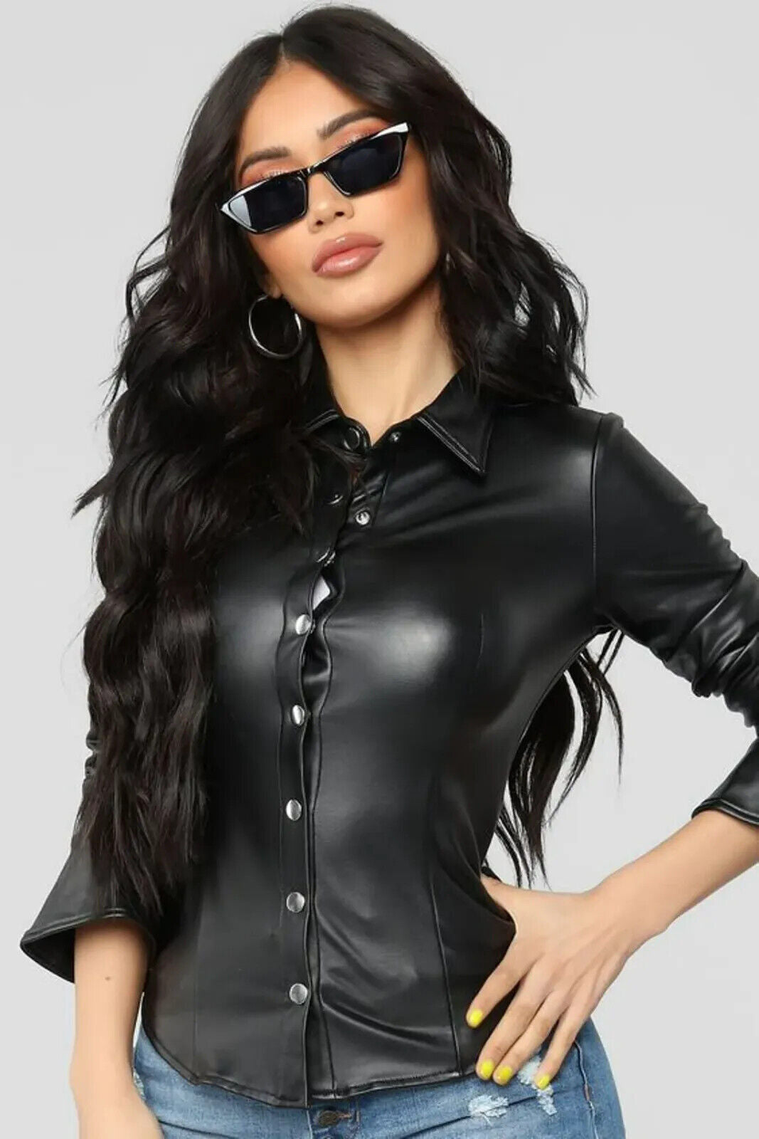 TOP New Women'S Black Leather Shirt 100% Real Lambskin Causal Slim Fit Shirt