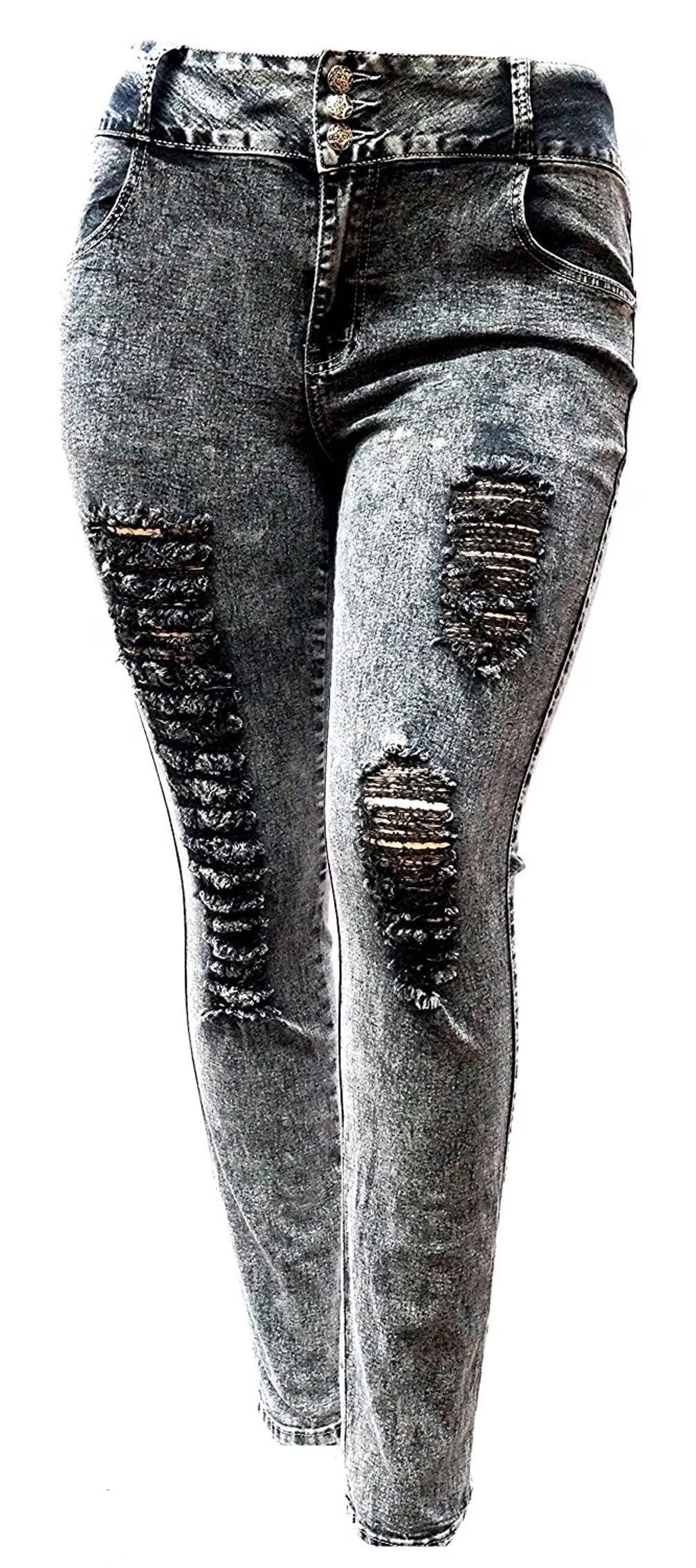Women'S plus Size Stretch Distressed Ripped Skinny Denim Jeans Pants