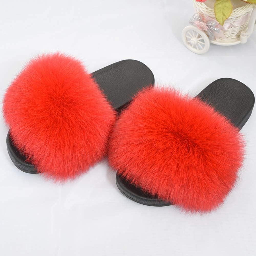Real Fox Fur Slides for Women - Fluffy Fur Slippers Open Toe Flat Sandals for Outdoor