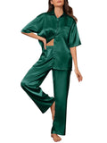 Womens Satin Silk Pajama Sets Short Sleeve Button down Pajamas Women Pjs Lounge Sets Sleepwear Long Pant S-XL