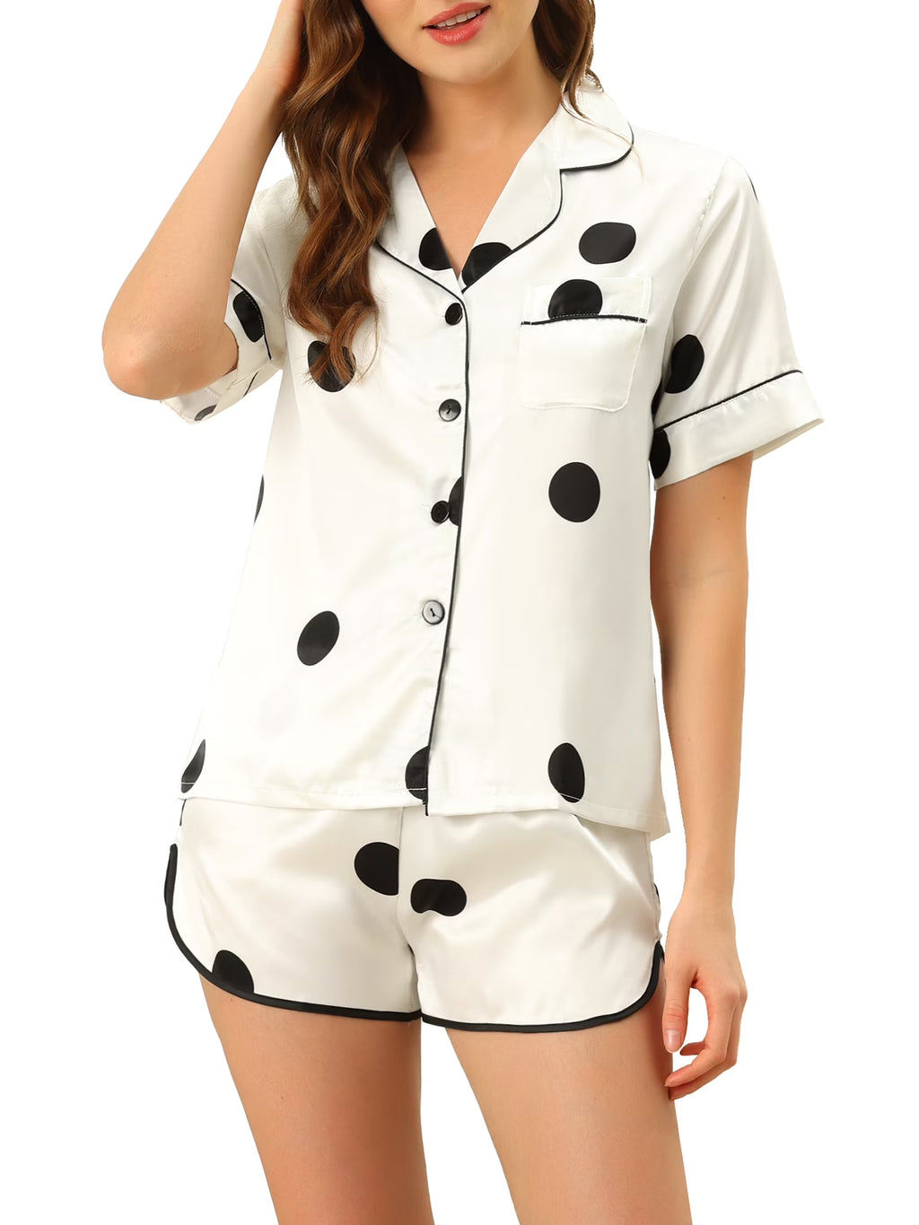 Chic Women's Satin Polka Dot Pajama Set - Comfortable Sleepwear Tops and Shorts in White - Perfect for Lounging and Relaxing