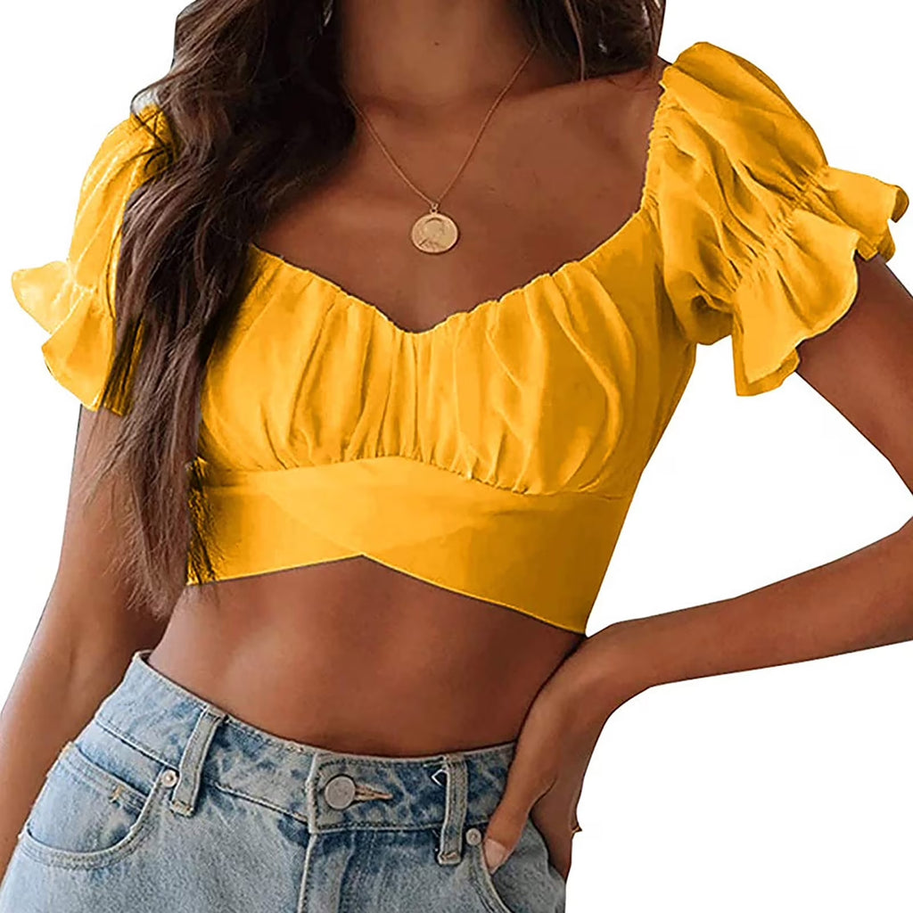 T Shirts for Women Women'S Fashion Ruffle Short Sleeve off Shoulder Tie up Back Crop Blouse Top Womens T Shirts Yellow + L