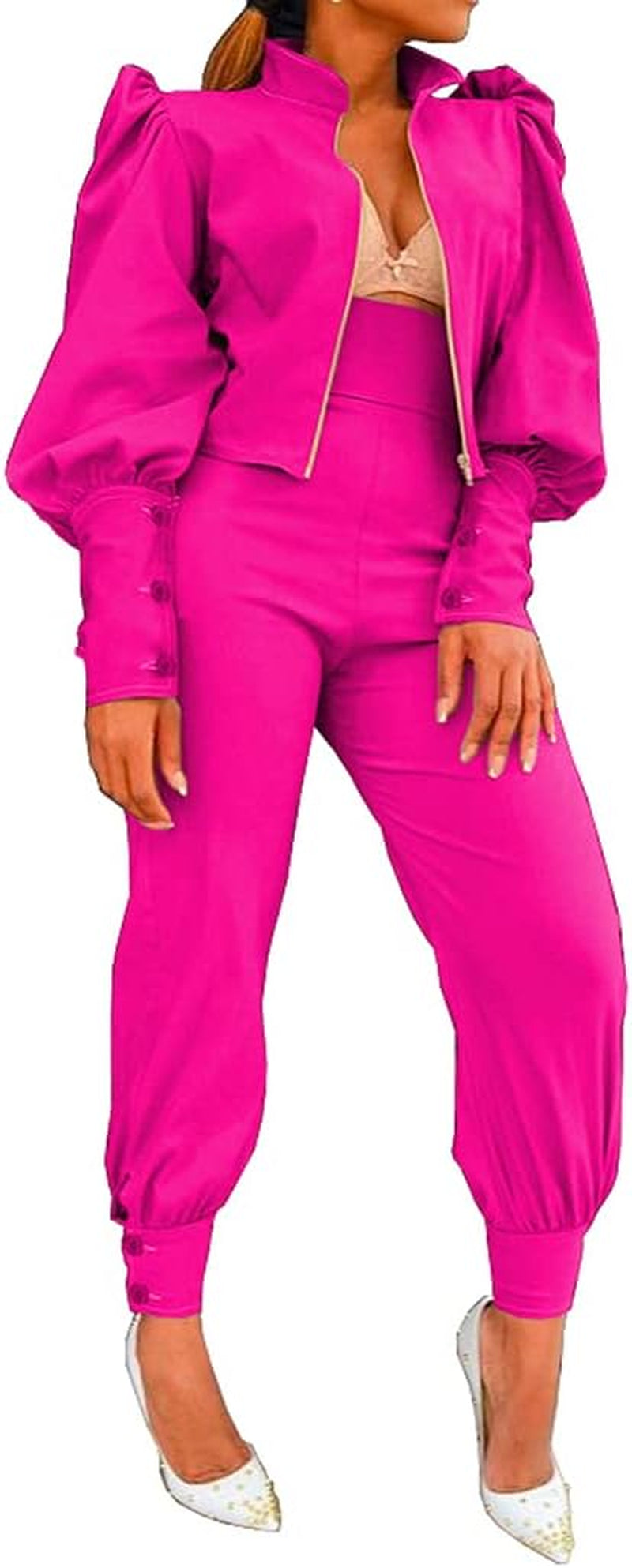 Elevate Your Style with Our Women's Fashion 2-Piece Pullover Set: Mock Neck Puff Sleeve Top & High Waist Pants for Chic Streetwear