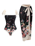 Women'S Tropical Print One Piece Swimsuit with Cover up Beach Skirt Sarong Two Piece Floral Printed V Neck Tummy Control High Cut Monokini Swimsuit Bathing Suit Women'S Swimwear & Clothing