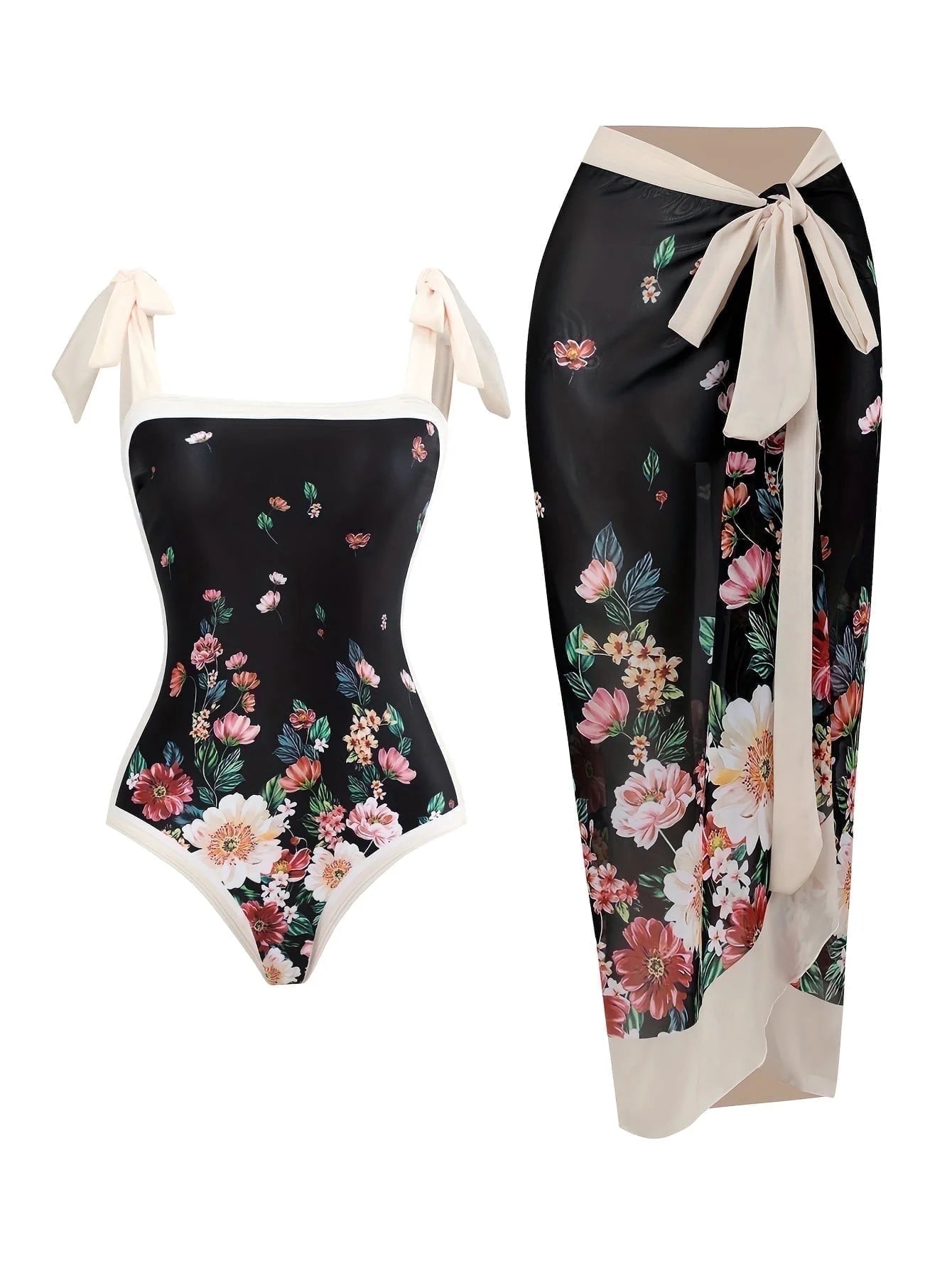 Women'S Tropical Print One Piece Swimsuit with Cover up Beach Skirt Sarong Two Piece Floral Printed V Neck Tummy Control High Cut Monokini Swimsuit Bathing Suit Women'S Swimwear & Clothing