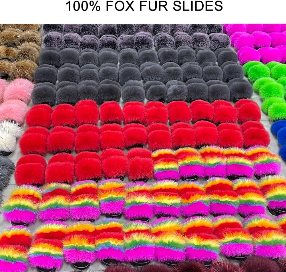 Real Fox Fur Slides for Women - Fluffy Fur Slippers Open Toe Flat Sandals for Outdoor