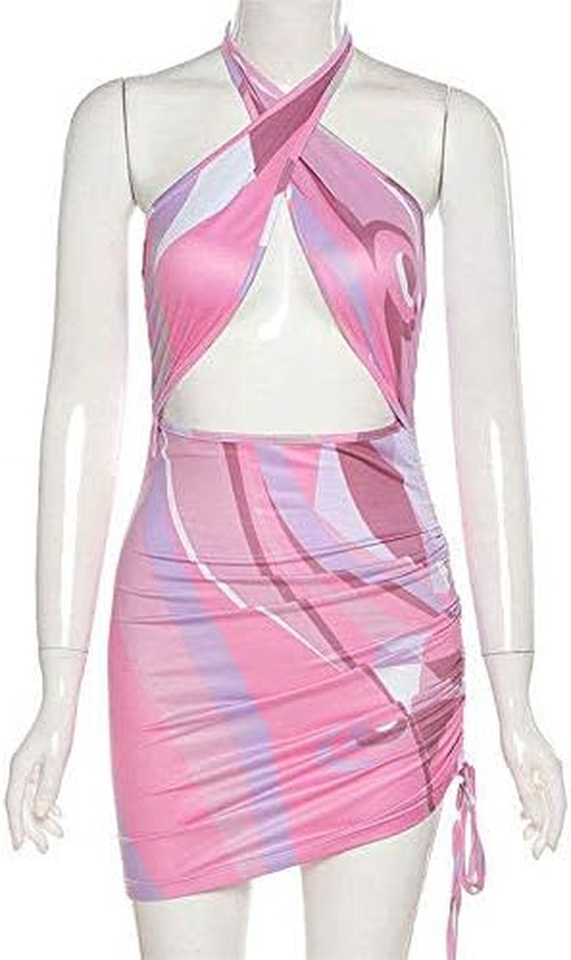 Women'S Sexy Print Cut Out Backless Halter Neck Tops Side Ruffle Mini Skirts Sets Party Beachwear Pink X-Large