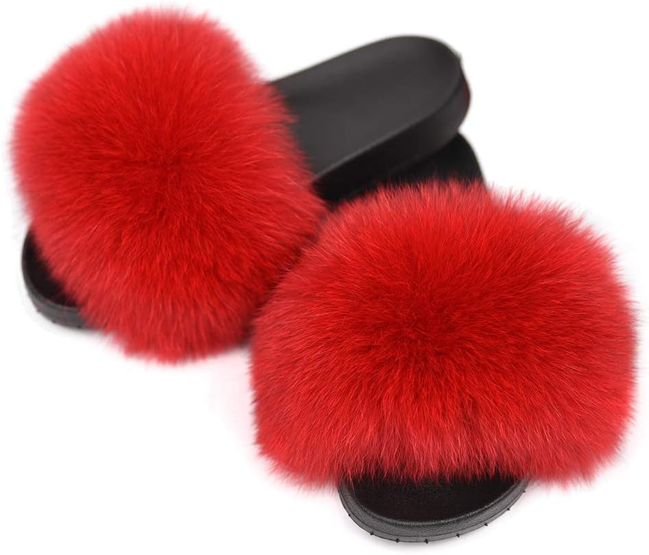 Real Fox Fur Slides for Women - Fluffy Fur Slippers Open Toe Flat Sandals for Outdoor