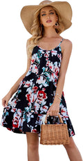 Women'S Spaghetti Strap Mini Dress V Neck Boho Floral Printed Casual Summer Beach Short Sundress with Pockets