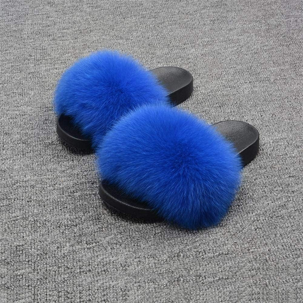 Real Fox Fur Slides for Women - Fluffy Fur Slippers Open Toe Flat Sandals for Outdoor