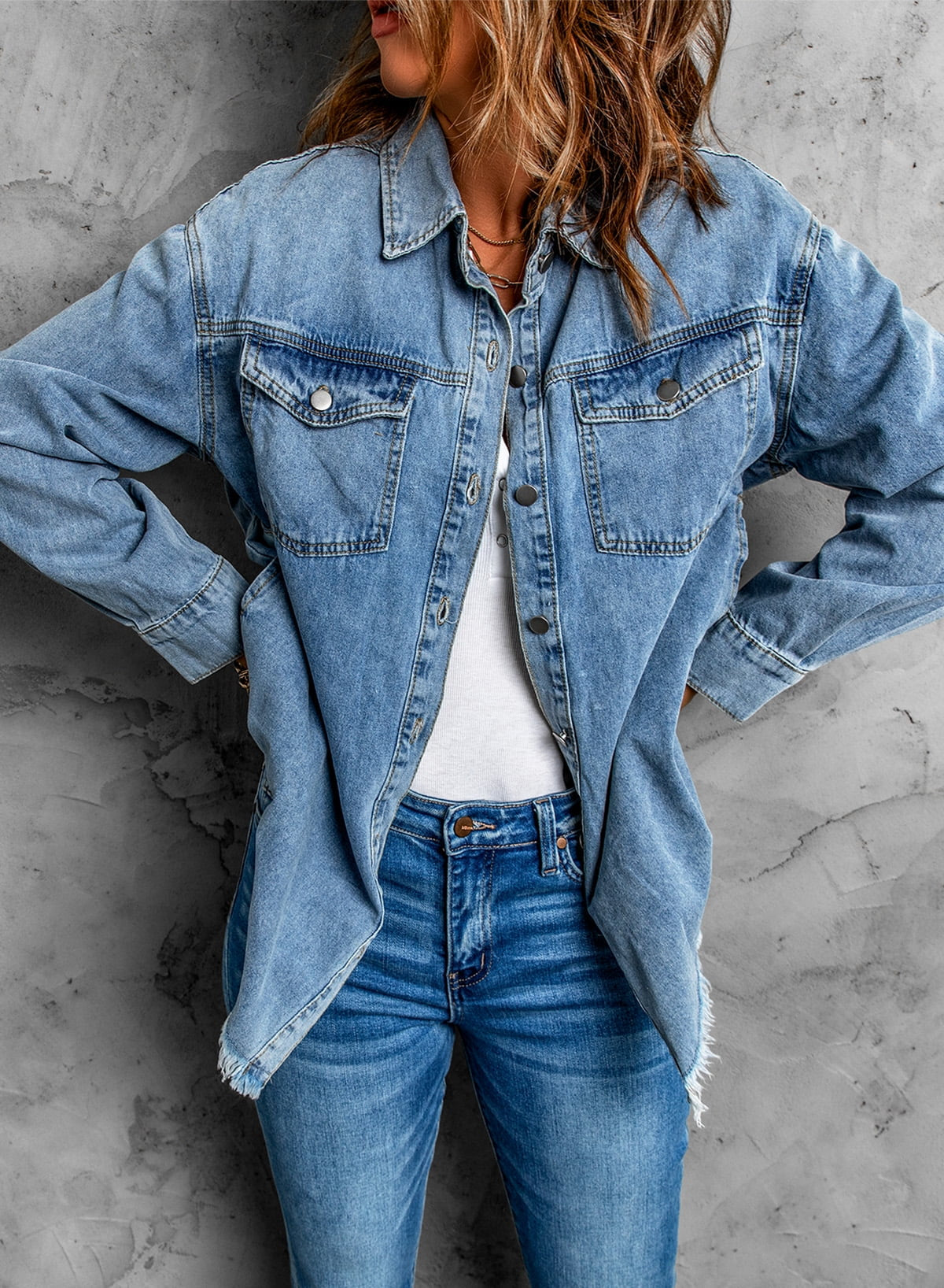 Denim Jacket for Women Long Sleeve Boyfriend Jean Jacket Loose Coat Sky Blue S Female
