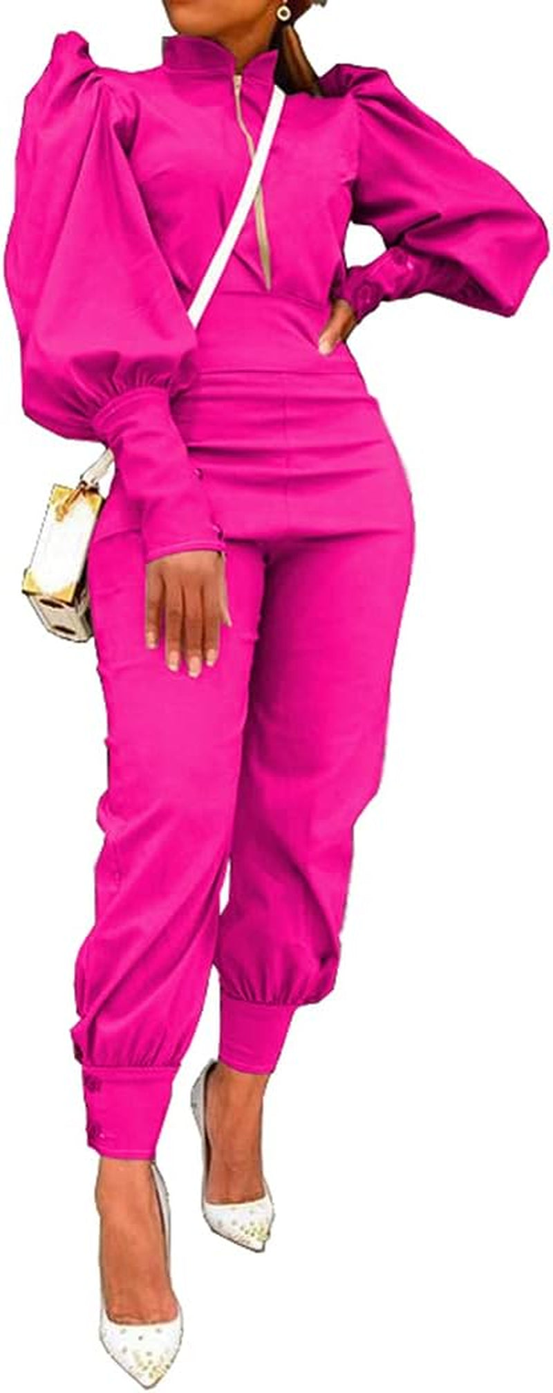 Elevate Your Style with Our Women's Fashion 2-Piece Pullover Set: Mock Neck Puff Sleeve Top & High Waist Pants for Chic Streetwear