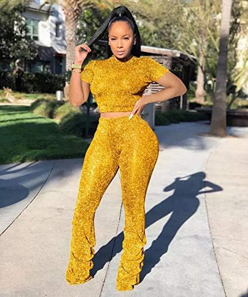 2 Piece Outfits for Women Crop Tops and Pants Sexy Club Outfits Yellow 2XL