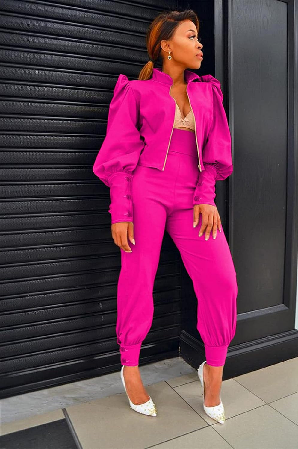 Elevate Your Style with Our Women's Fashion 2-Piece Pullover Set: Mock Neck Puff Sleeve Top & High Waist Pants for Chic Streetwear