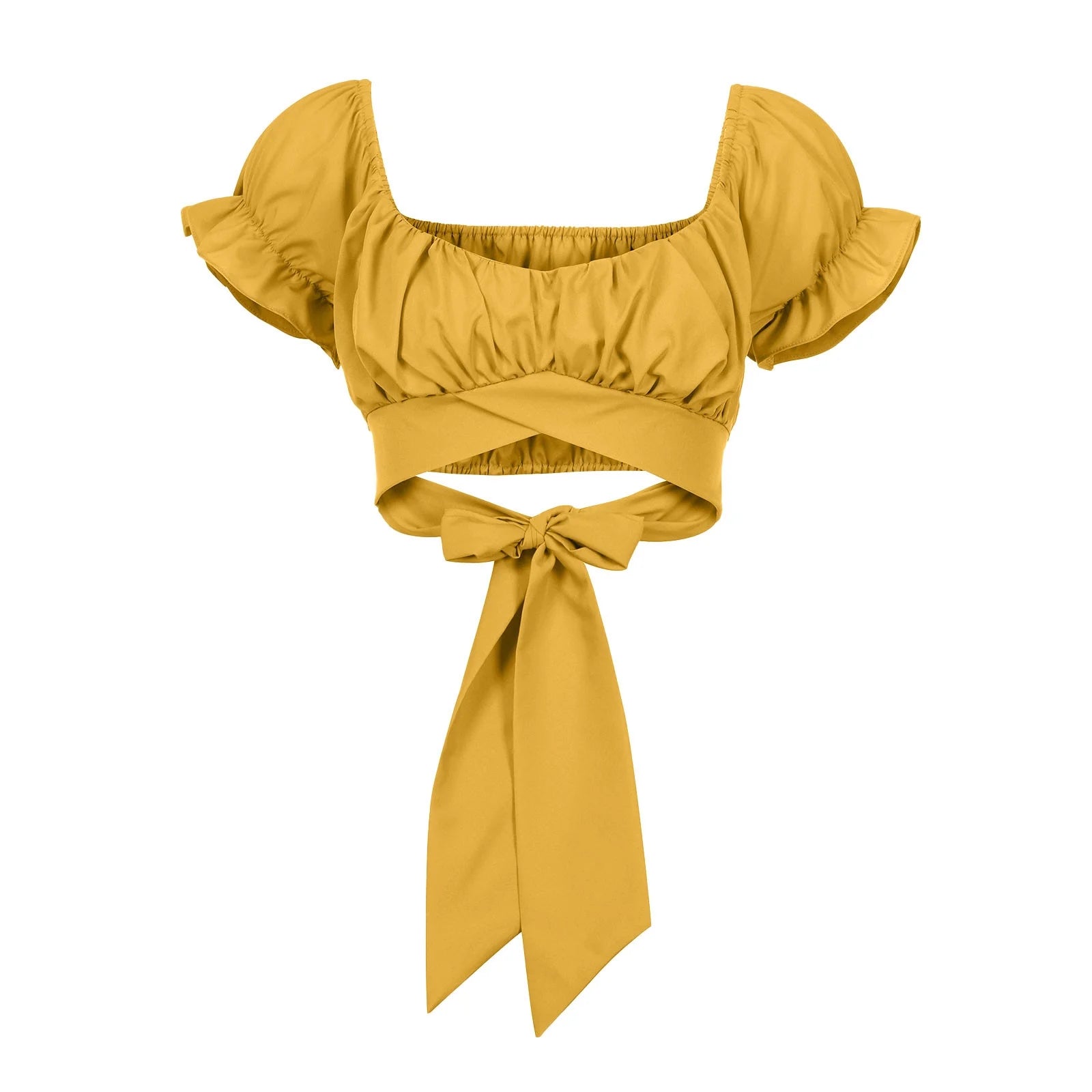T Shirts for Women Women'S Fashion Ruffle Short Sleeve off Shoulder Tie up Back Crop Blouse Top Womens T Shirts Yellow + L