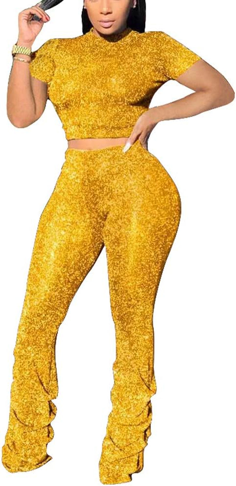 2 Piece Outfits for Women Crop Tops and Pants Sexy Club Outfits Yellow 2XL