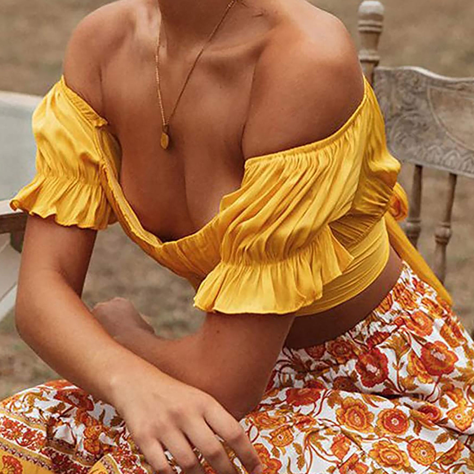 T Shirts for Women Women'S Fashion Ruffle Short Sleeve off Shoulder Tie up Back Crop Blouse Top Womens T Shirts Yellow + L
