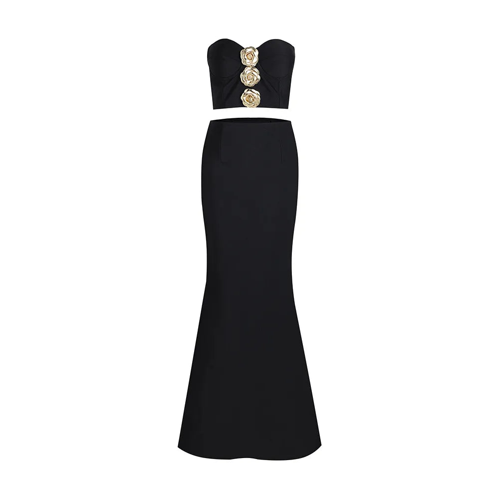 10006 2024 Minlan Style Women'S Two Piece Pants Spring Summer Bandage Dress Black Brand Same Style Two Pieces Sets Long Skirt Empire Crew Neck Meifei