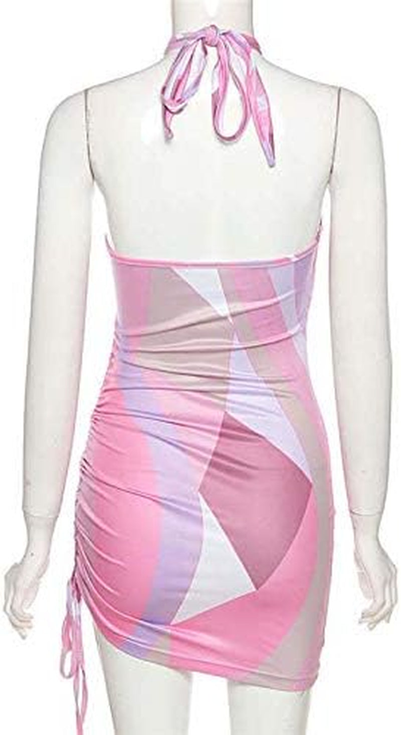 Women'S Sexy Print Cut Out Backless Halter Neck Tops Side Ruffle Mini Skirts Sets Party Beachwear Pink X-Large