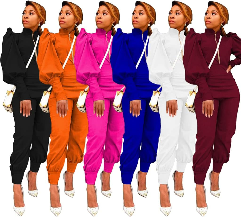 Elevate Your Style with Our Women's Fashion 2-Piece Pullover Set: Mock Neck Puff Sleeve Top & High Waist Pants for Chic Streetwear