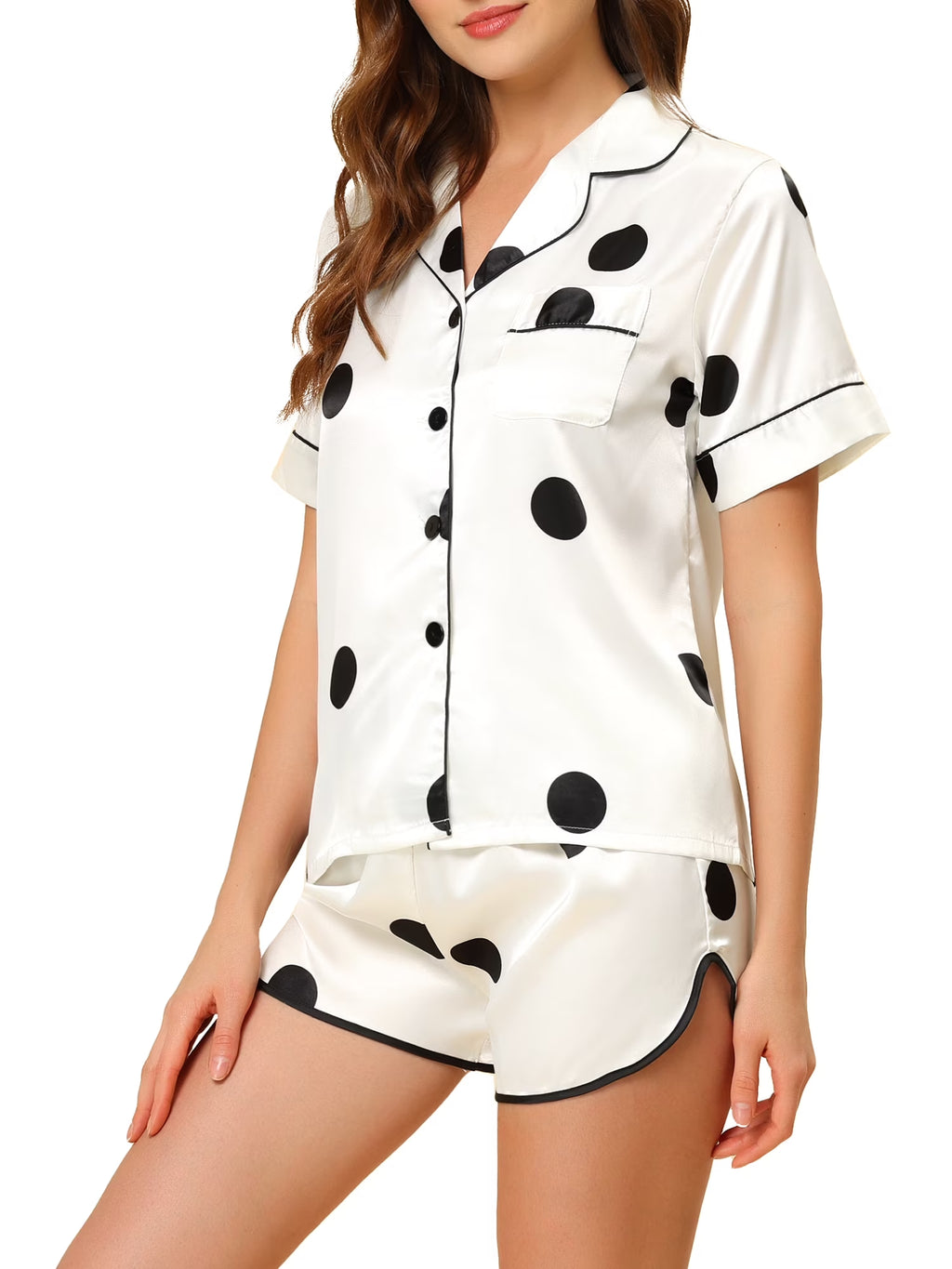 Chic Women's Satin Polka Dot Pajama Set - Comfortable Sleepwear Tops and Shorts in White - Perfect for Lounging and Relaxing