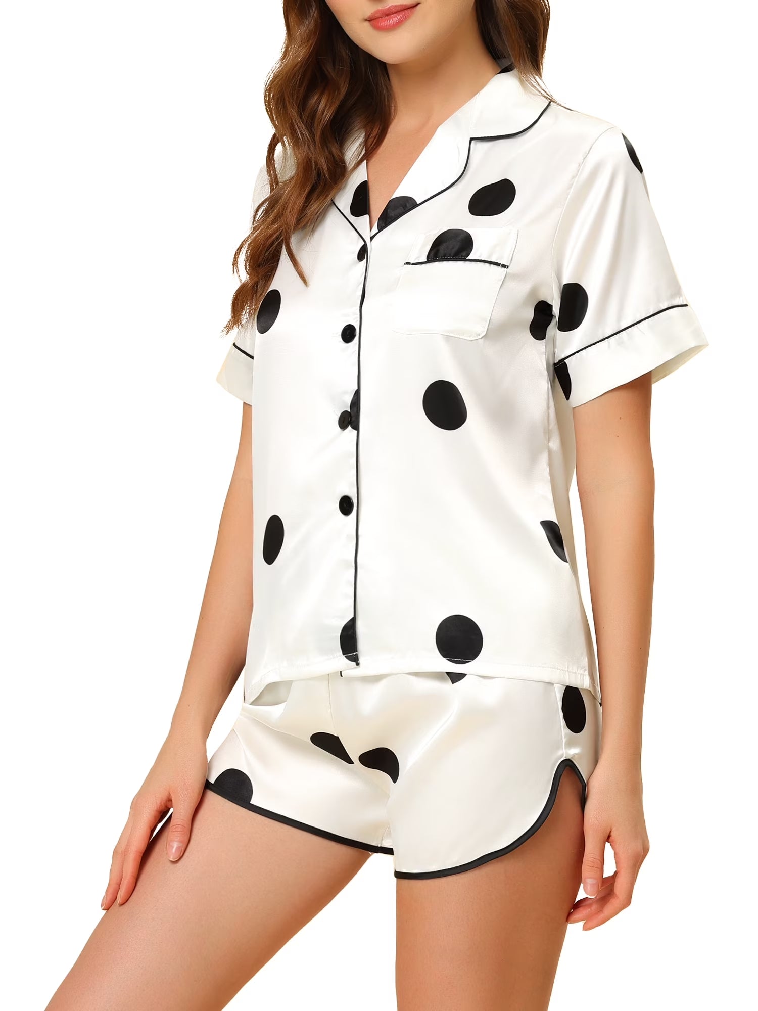 Chic Women's Satin Polka Dot Pajama Set - Comfortable Sleepwear Tops and Shorts in White - Perfect for Lounging and Relaxing