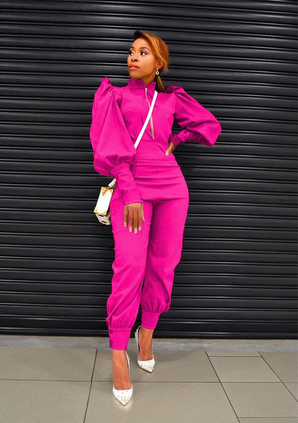 Elevate Your Style with Our Women's Fashion 2-Piece Pullover Set: Mock Neck Puff Sleeve Top & High Waist Pants for Chic Streetwear
