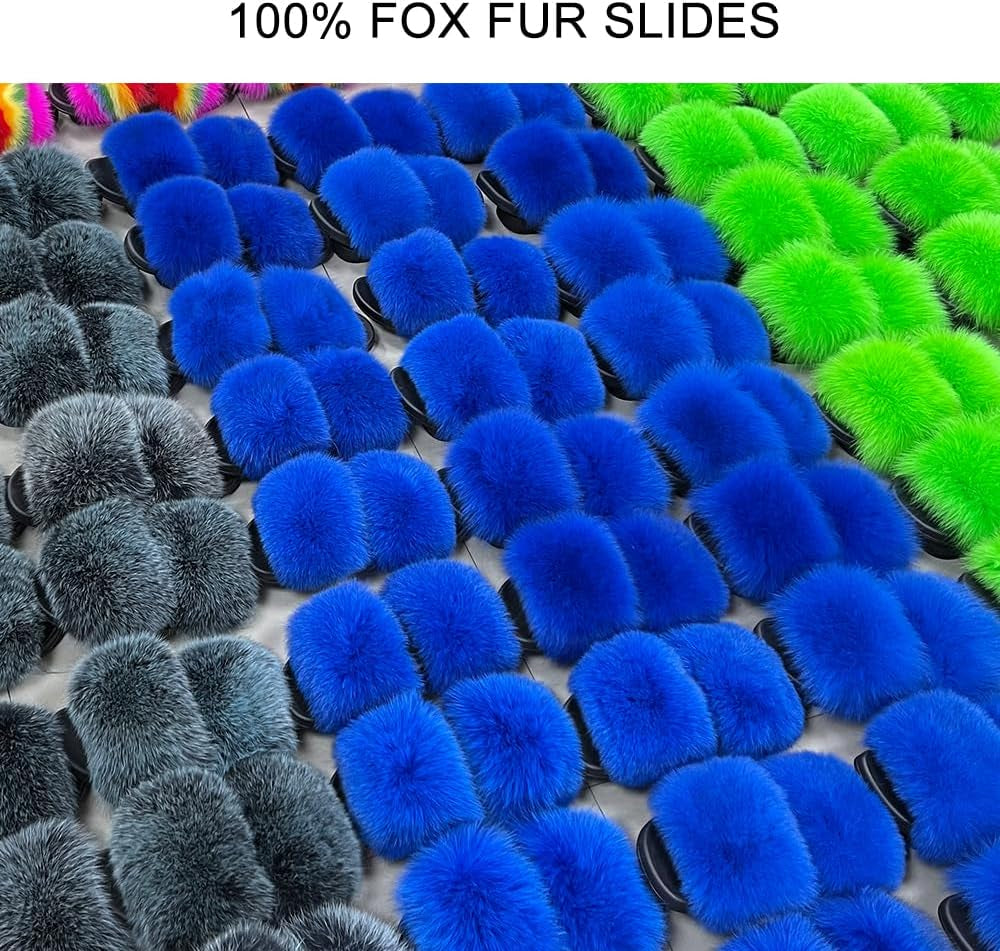 Real Fox Fur Slides for Women - Fluffy Fur Slippers Open Toe Flat Sandals for Outdoor