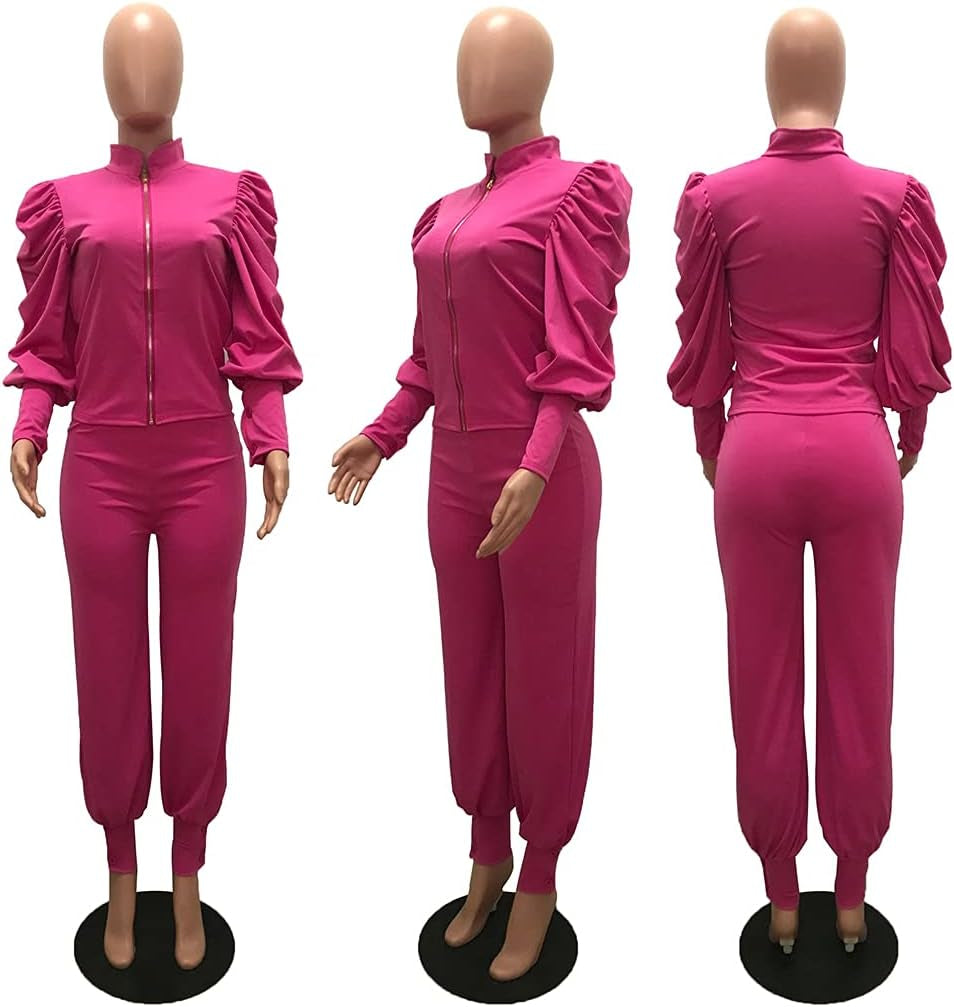 Elevate Your Style with Our Women's Fashion 2-Piece Pullover Set: Mock Neck Puff Sleeve Top & High Waist Pants for Chic Streetwear