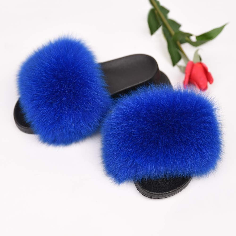 Real Fox Fur Slides for Women - Fluffy Fur Slippers Open Toe Flat Sandals for Outdoor