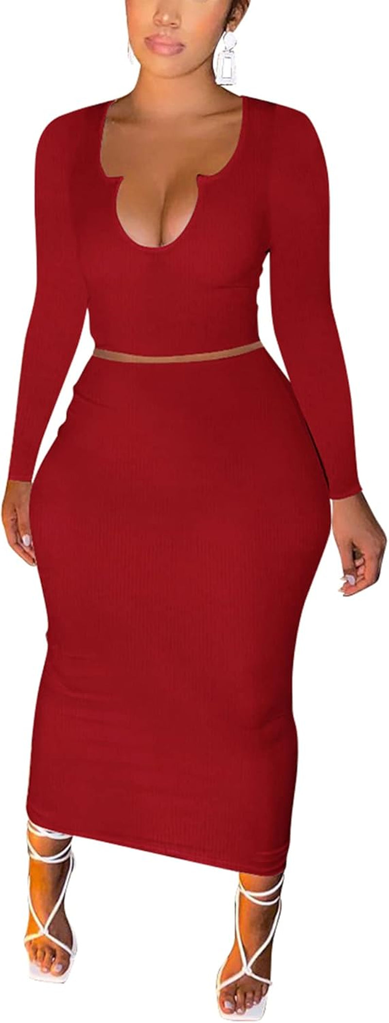 Elevate Your Style with Our Women’s Sexy Two-Piece Skirt Outfits – Long Sleeve & Sleeveless V Neck Bodycon Ribbed Knitted Maxi Dress for Club Parties