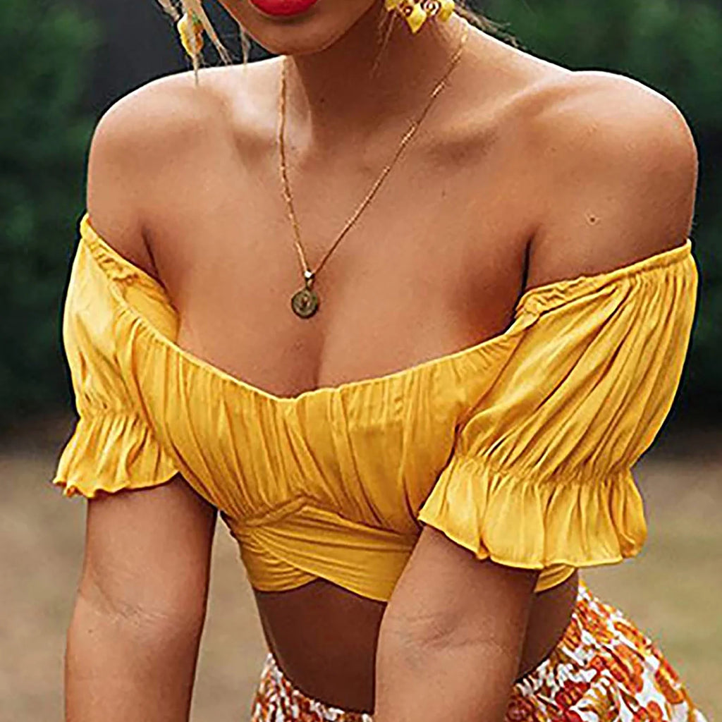 T Shirts for Women Women'S Fashion Ruffle Short Sleeve off Shoulder Tie up Back Crop Blouse Top Womens T Shirts Yellow + L
