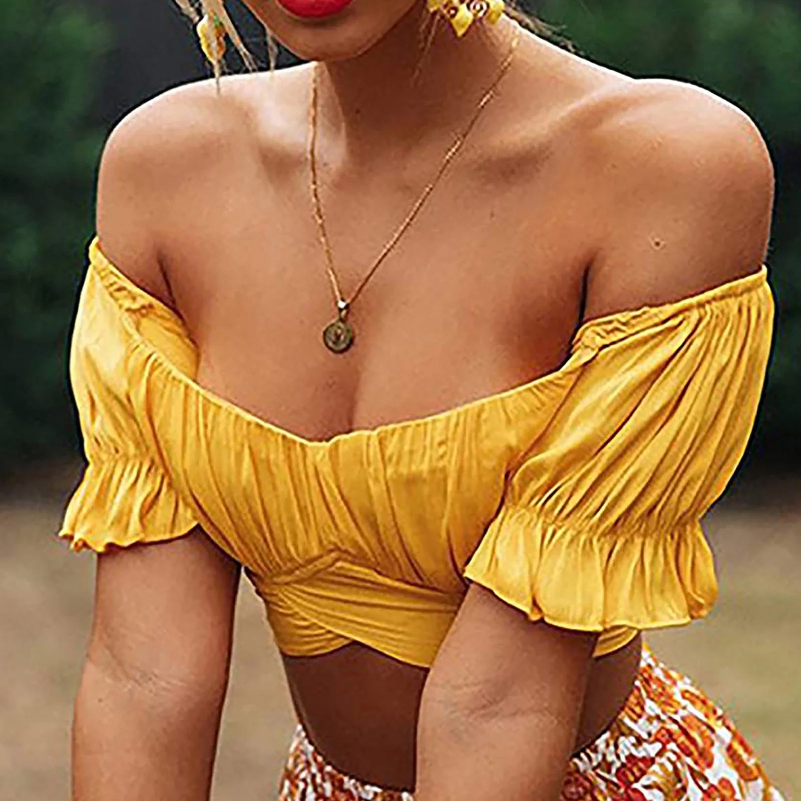 T Shirts for Women Women'S Fashion Ruffle Short Sleeve off Shoulder Tie up Back Crop Blouse Top Womens T Shirts Yellow + L