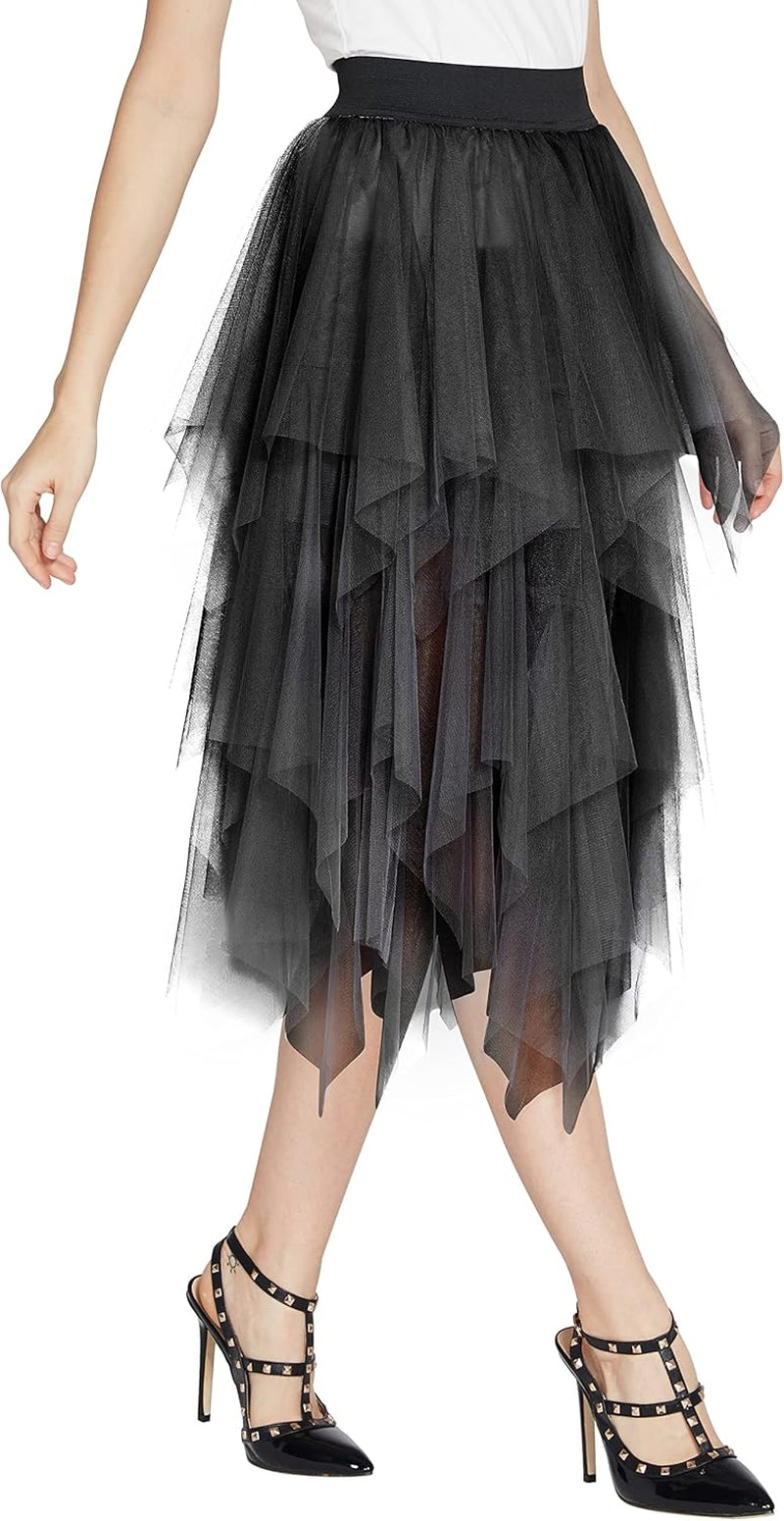 Women'S A-Line Mesh Tutu Skirt Fluffy Layered Tulle Midi Long Skirts with Elastic Waist