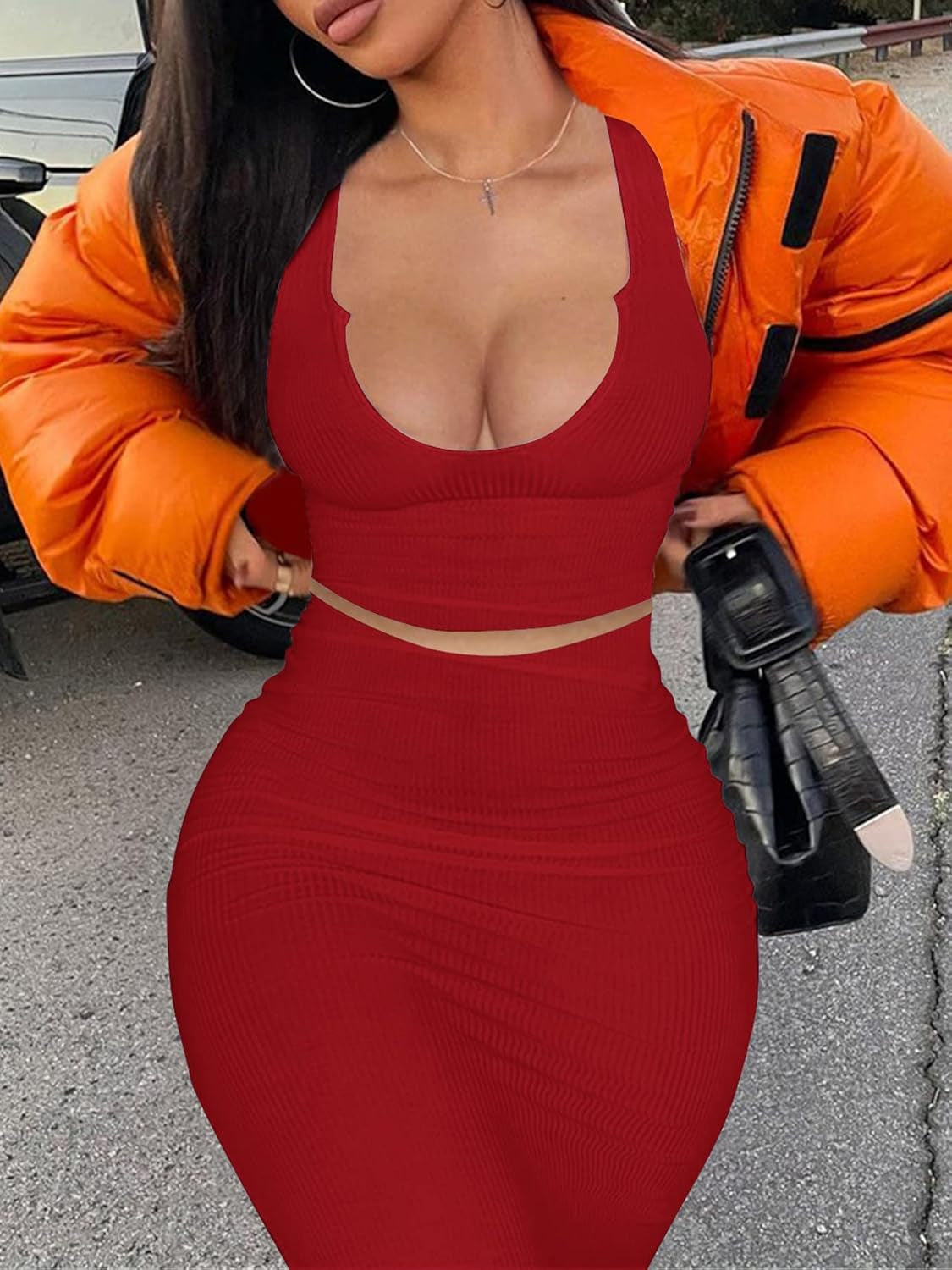 Elevate Your Style with Our Women’s Sexy Two-Piece Skirt Outfits – Long Sleeve & Sleeveless V Neck Bodycon Ribbed Knitted Maxi Dress for Club Parties