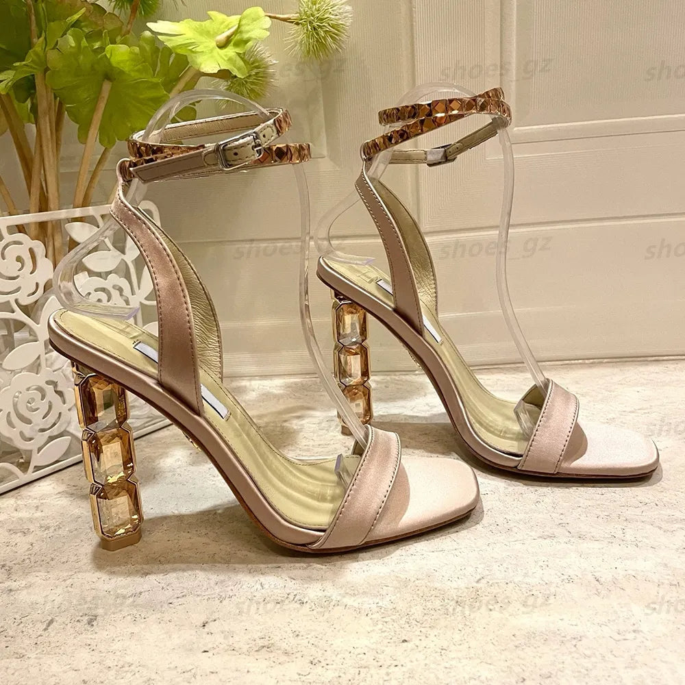 Crystal Heel Sandals Satin 10.5Cm Rhinestone -Encrusted Strap Spool High Heeled Sandal Sky-High Heel for Women Summer Luxury Designers Shoes Party Factory Footwear