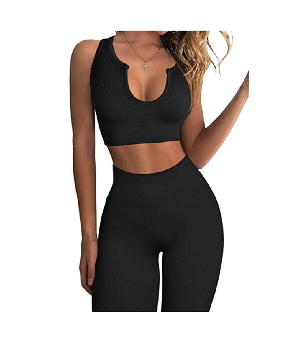 Workout Small Leggings High Waist Notched Crop Top 2 Piece Set Seamless Black