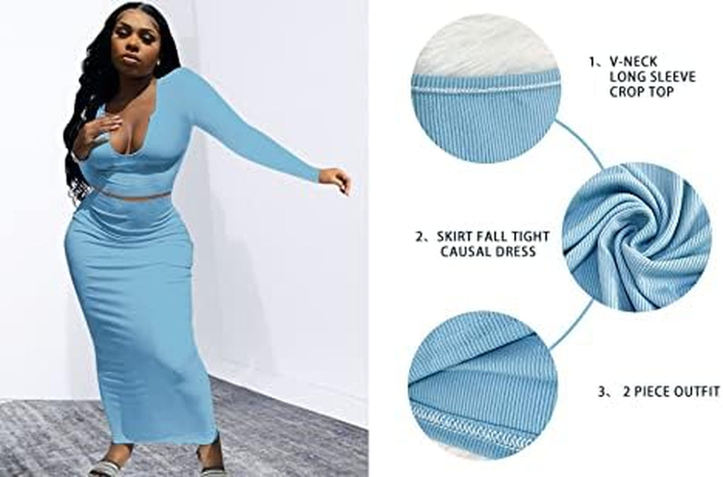 Elevate Your Style with Our Women’s Sexy Two-Piece Skirt Outfits – Long Sleeve & Sleeveless V Neck Bodycon Ribbed Knitted Maxi Dress for Club Parties