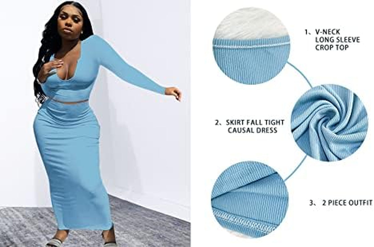 Elevate Your Style with Our Women’s Sexy Two-Piece Skirt Outfits – Long Sleeve & Sleeveless V Neck Bodycon Ribbed Knitted Maxi Dress for Club Parties