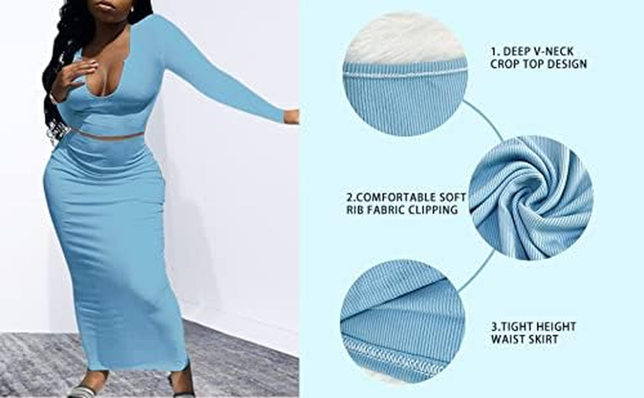 Elevate Your Style with Our Women’s Sexy Two-Piece Skirt Outfits – Long Sleeve & Sleeveless V Neck Bodycon Ribbed Knitted Maxi Dress for Club Parties