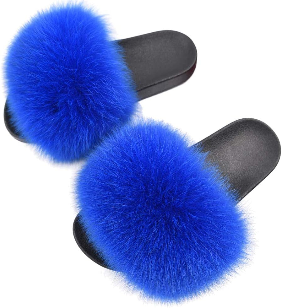 Real Fox Fur Slides for Women - Fluffy Fur Slippers Open Toe Flat Sandals for Outdoor