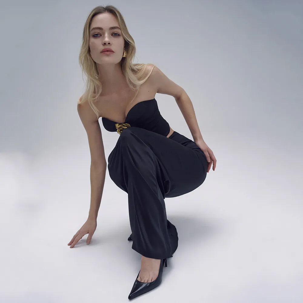 10006 2024 Minlan Style Women'S Two Piece Pants Spring Summer Bandage Dress Black Brand Same Style Two Pieces Sets Long Skirt Empire Crew Neck Meifei