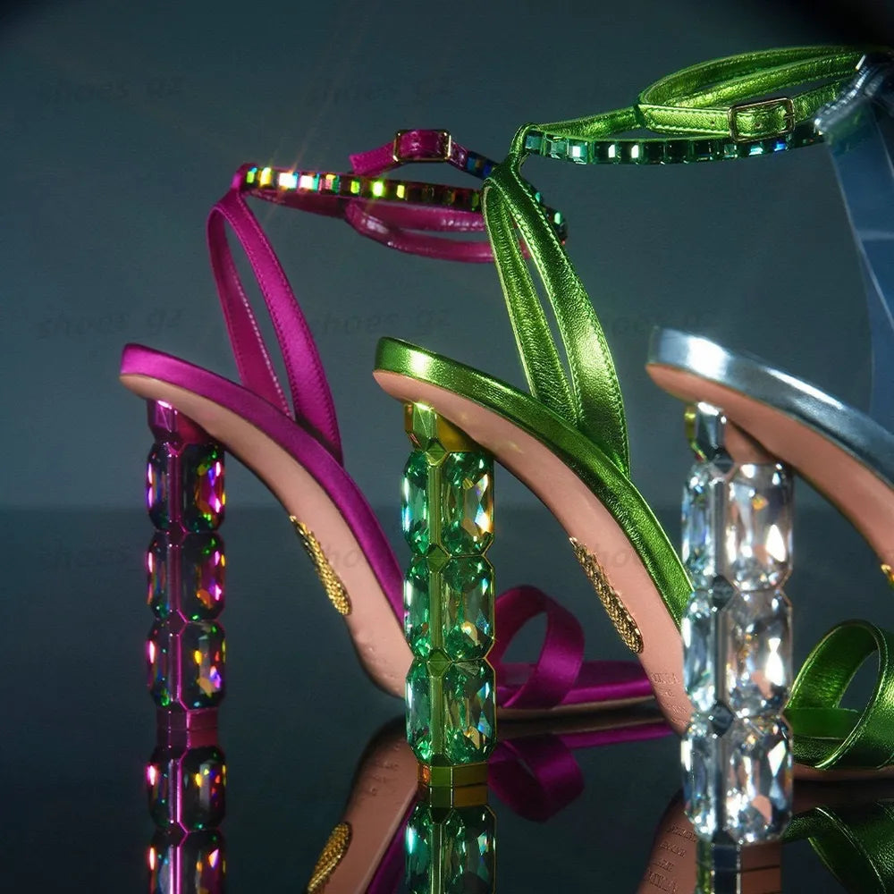 Crystal Heel Sandals Satin 10.5Cm Rhinestone -Encrusted Strap Spool High Heeled Sandal Sky-High Heel for Women Summer Luxury Designers Shoes Party Factory Footwear