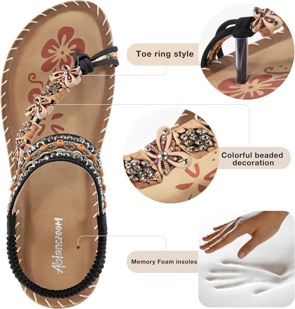 Flat Sandals for Women Summer: Casual Boho Beaded Toe Ring Dress Shoes - Comfortable Vacation Daily Walking Shoes