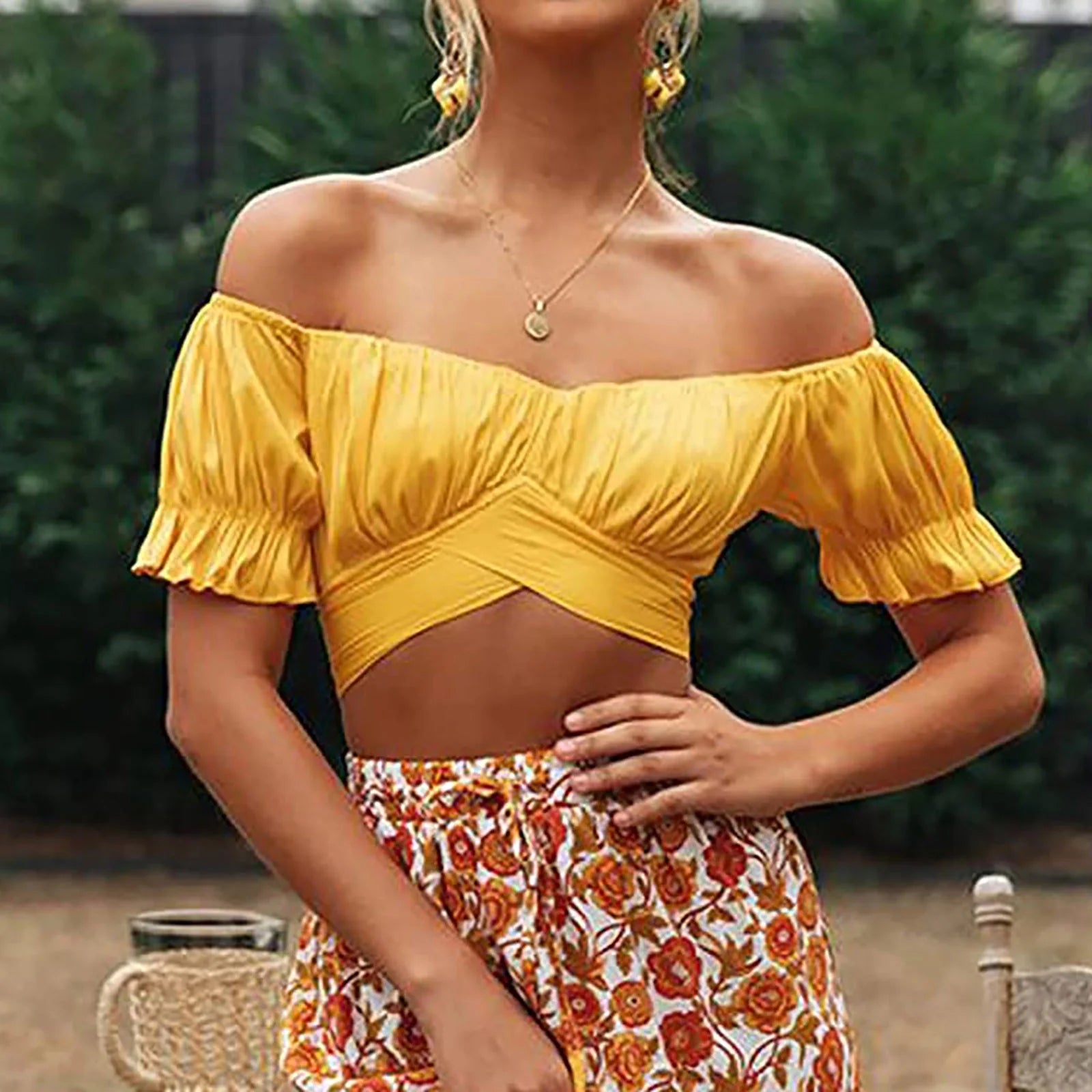 T Shirts for Women Women'S Fashion Ruffle Short Sleeve off Shoulder Tie up Back Crop Blouse Top Womens T Shirts Yellow + L