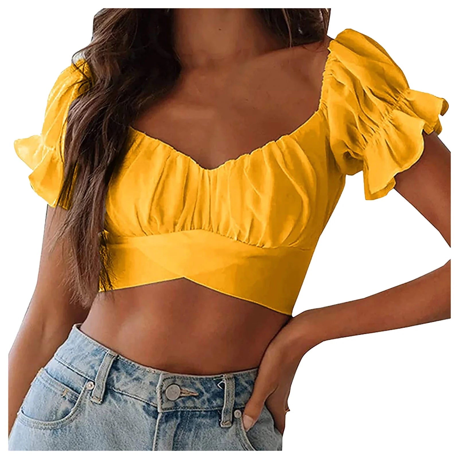 T Shirts for Women Women'S Fashion Ruffle Short Sleeve off Shoulder Tie up Back Crop Blouse Top Womens T Shirts Yellow + L
