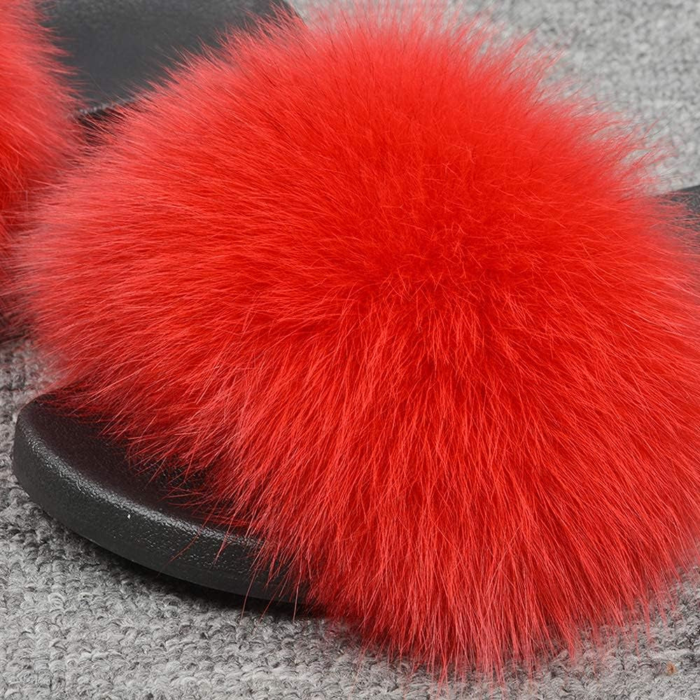 Real Fox Fur Slides for Women - Fluffy Fur Slippers Open Toe Flat Sandals for Outdoor