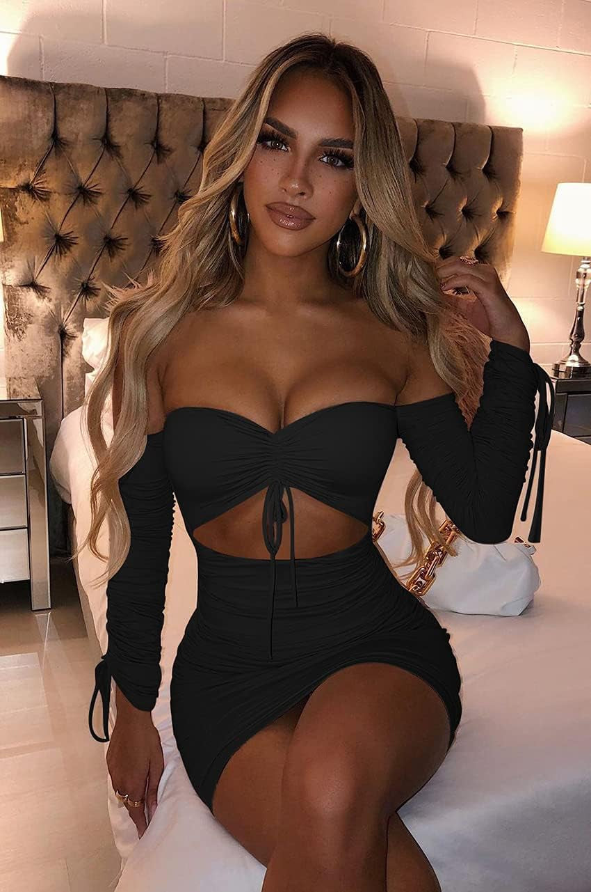 Women'S Sexy Tube Long Sleeve Cutout Drawstring Ruched Bodycon Mini Club Dress Black