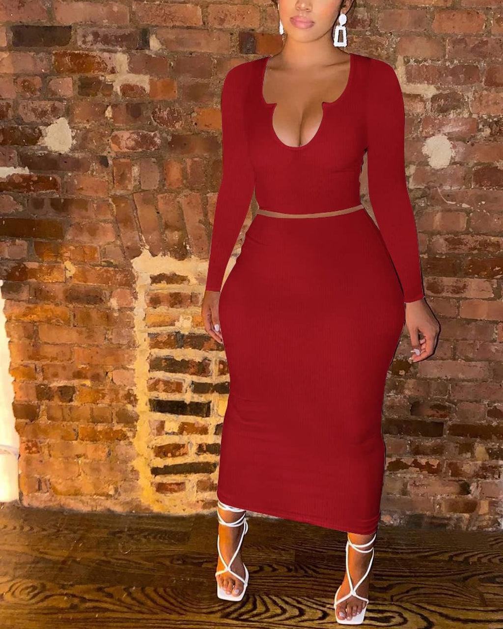 Elevate Your Style with Our Women’s Sexy Two-Piece Skirt Outfits – Long Sleeve & Sleeveless V Neck Bodycon Ribbed Knitted Maxi Dress for Club Parties